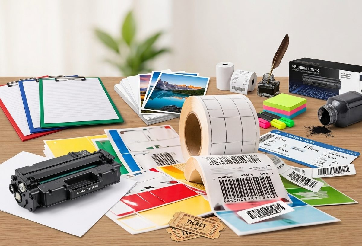 Desmat product range: labels, photo papers, POS rolls, toner, stationery and tickets