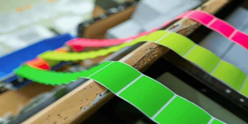 Fluorescent label sheets on a print line